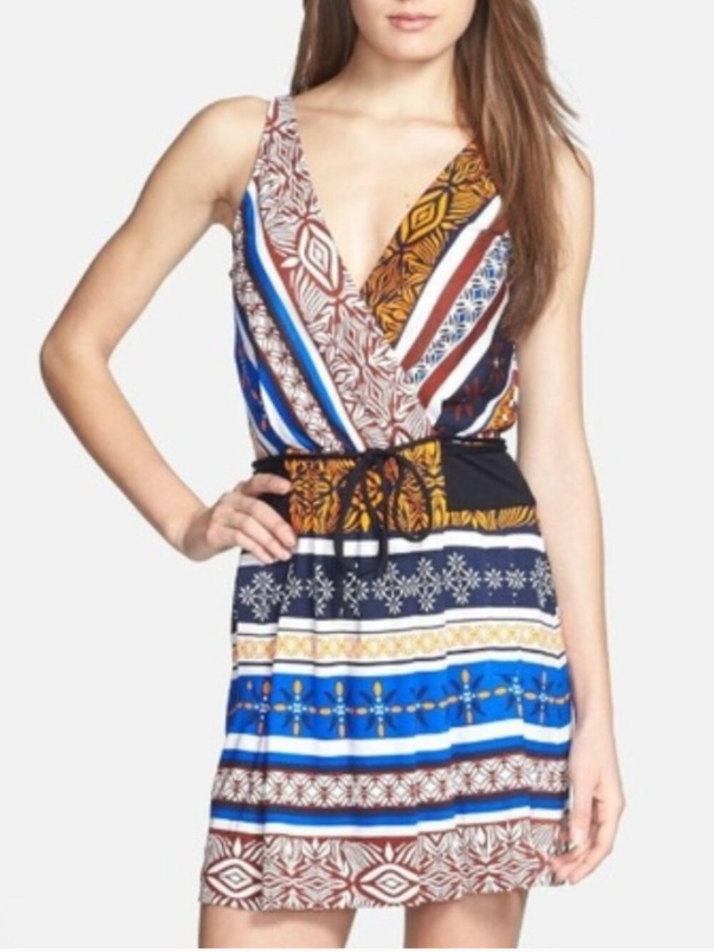 DIANE VON FURSTENBERG Oblixe Wrap Dress Boho Aztec Blue Burgundy Red 100% SILK